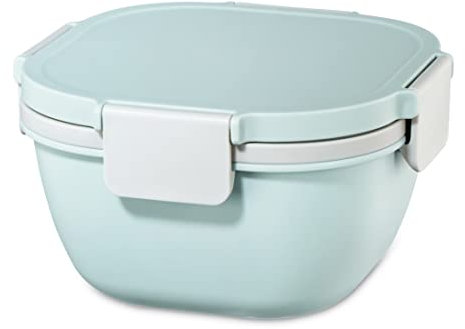 Xavax Salatbox To Go (Salatschüssel zum Mitnehmen, Salatbecher to go mit Dressingbehälter u. 3 Fächer im Topper, für Mikrowelle, Salatbehälter mit Besteck, Deckel Clip Verschluss, 1400 ml) pastellblau