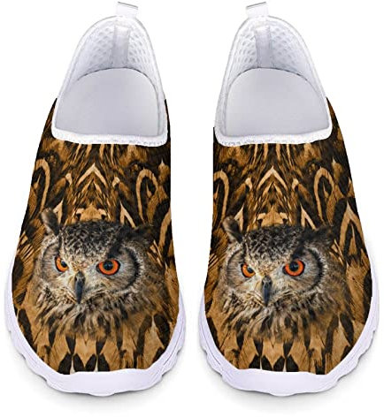 Kuiaobaty Damen Slip-on Turnschuhe Mesh Flache Schuhe Sport Sneakers Damen Laufschuhe Work Out Schuhe Atmungsaktiv, Eule Vögel Feder, 39 EU