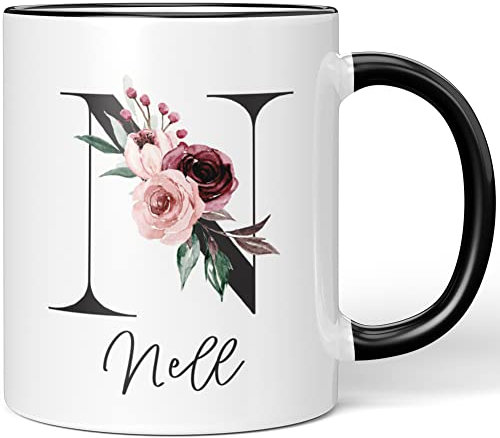 JUNIWORDS Tasse, Nell, Name Anfangsbuchstabe Initial Alphabet Floral Buchstabe N Monogramm Motiv, Schwarz (5592203)