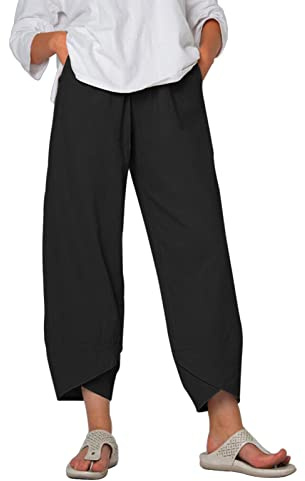 Heekpek Pantalón Cómodo Mujer Algodón Pantalones Verano Ligero Casual Rectos 9/11 Largo, Negro, M