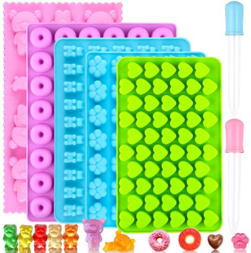 Gummibärchen Form Silikon, 5 pcs Silikonform Gummibären, Schokolade Selber Machen Set, Bonbon Silikonform für Süßigkeiten, Gelee, Schokolade mit 2 Pipetten
