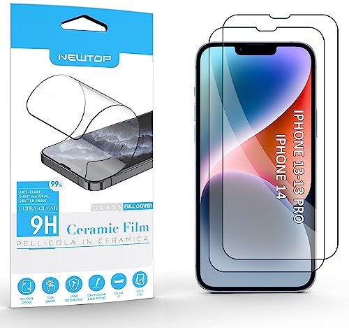 N NEWTOP Protector de pantalla de cerámica compatible con iPhone 14-13 - 13 PRO, brillante Full GLUE Glass 0,24 mm 9D Vidrio Protector de pantalla templado anti golpes marco negro arañazos completa