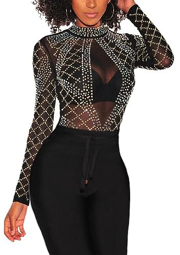SEBOWEL Glitter Sheer Tops See Through T Shirt Black Stretchy Sheer Mesh Blouse Black L
