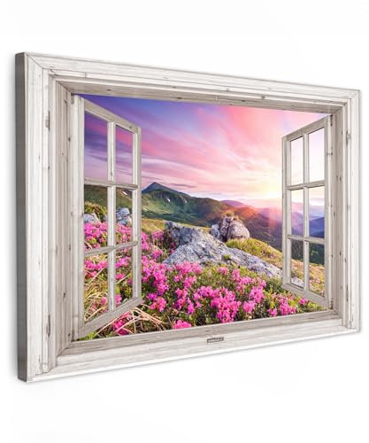 MuchoWow© Impression sur Toile Photo Peinture 120x80 cm Tableau Decoration Murale Chambre Salon Maison Deco Cuisine Montagne - Paysage - Vue de la fenêtre - Fleurs - Soir - Rose