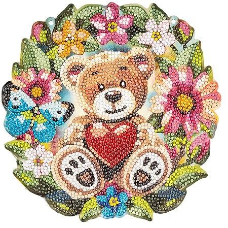 Ideen mit Herz Diamond-Painting-Fensterbild | doppelseitiger Druck | ca. 20 cm Ø | inkl. Diamond-Painting-Steine für Vorder- und Rückseite (Teddybär mit Herz)