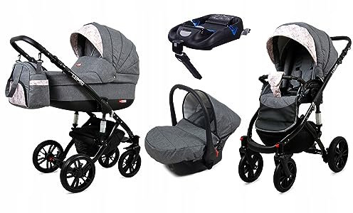 BabyLux® Kinderwagen Set 4 in 1 - Lumio - incl. Babywanne, Buggy Sportsitz, Auto-Babyschale, ISOFIX-Basisstation - Autositz - Kinderwagenset - Kombikinderwagen mit Wickeltasche usw.