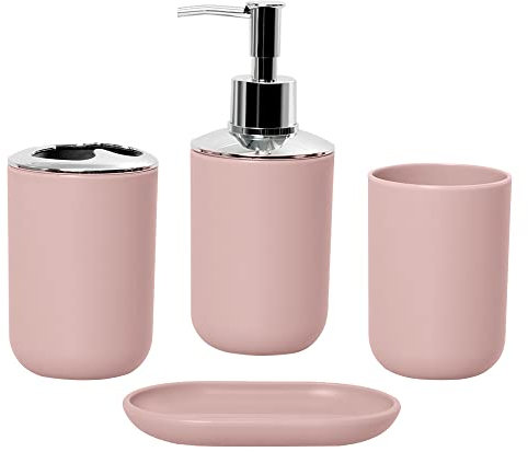 Wanym Set Bagno Accessori Completo Moderno, Set Bagno Accessori Completo Set in Plastica Ecologica con Moderno Dispenser Sapone, Portaspazzolino, Tazza da Denti, Portasapone,Rosa