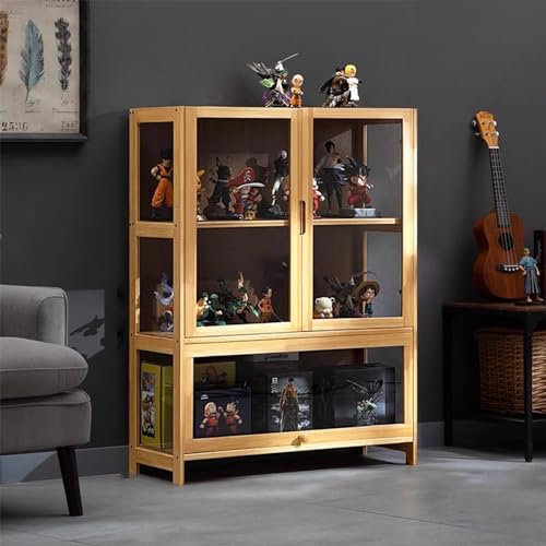 KUYATE Glasvitrine, antiker Vitrine mit Glastür, antiker Schrank, Vitrine, natürlicher Bambusrahmen, Einzel-/Doppeltür-Design, praktische Aufbewahrung, 80 x 32 x 106 cm, holzfarben