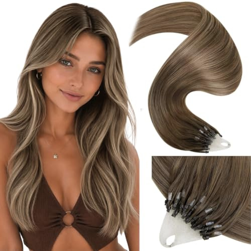 LaaVoo Brown Micro Loop Hair Extensions Real Human Hair 24 Inch Remy Straight Balayage Light Brown & Dark Blonde Invisible Micro Ring Hair Extensions 50g 50s #8/16/8