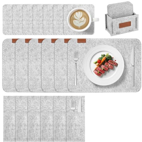 Witnewrage Tischsets Platzsets Filz, Platzsets Abwaschbar, rutschfest Platzdeckchen, Tischsets Filz 19er Set: 6 Tischsets Abwaschbar, 6 Untersetzer, 6 Bestecktasche, 1 Aufbewahrungsbox - Hellgrau