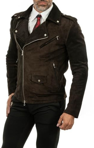 Chiodo Biker In Vera Pelle Scamosciata Marrone Uomo Slim Con Cintura Rindway, M, Fodera (Primavera-Estate), Nero