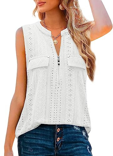 Amrto Weiß Bluse Damen Elegant Longshirt Festliche Oberteile Damen Leicht Blusenshirt Modern Elegante Tops Ärmellos Blusenshirt Oversize Casual Blusen Tunika Sommer Lässig Shirt, XL