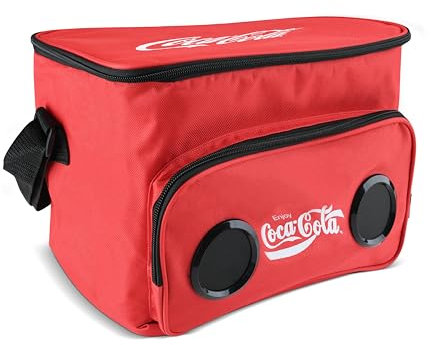 Coca Cola Kühler Bluetooth-Lautsprechertasche mit wiederaufladbarem Akku für lange Spielzeit, Stereo-Sound, mehrere Reißverschlusstaschen und verstellbarer Schulterstreifen für Partys im Innen- und