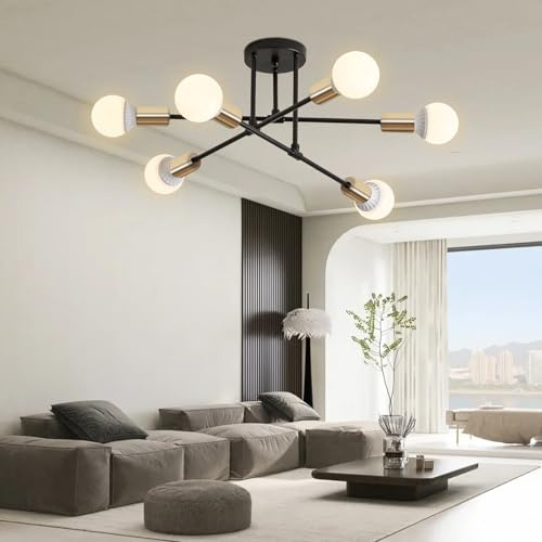YOODI Taklampa Vintage 6-lampa Industriell Taklampa, Modern Metallkrona Med E27-sockel, Svartguld Sovrumslampa För Matsal, Vardagsrum, Kök (Utan Glödlampa)