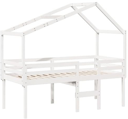 vidaXL Hochbett, Kinderbett mit Dach Leiter Sicherheitsgeländer, Spielbett für Kinderzimmer, Bett Holzbett Einzelbett, Weiß 90x200cm Massivholz Kiefer