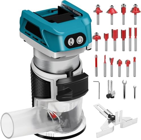 Akku Oberfräse kompatibel mit Makita 18V Akku, 800W Bürstenloser Kantenfräser tragbarer Handfräser für die Holzbearbeitung, Akku Holztrimmer mit 16 Stück 1/4 Fräser Set (ohne Akku)