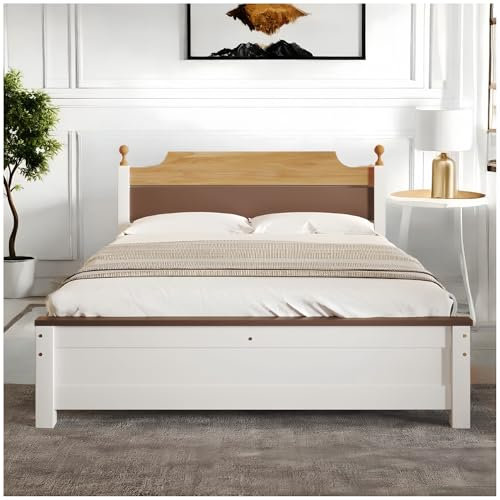 Sapgaks Doppelbett, 140 x 200 cm, Holzbett, Rahmen aus Kiefer mit Mittelfuß, Kinderbett, Jugendbett, Bett für Erwachsene, Weiß