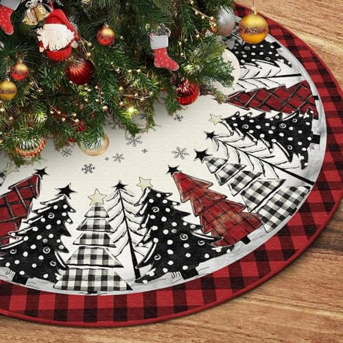 Lambluefly Weihnachtsbaum Decke Rund 122 cm, Christbaumdecke, Rote & Schwarze Büffelkaro, Weihnachtsbaum Motiv, Baumdecke Teppich für Weihnachtsbaumschmuck, Feiertagsfeiern