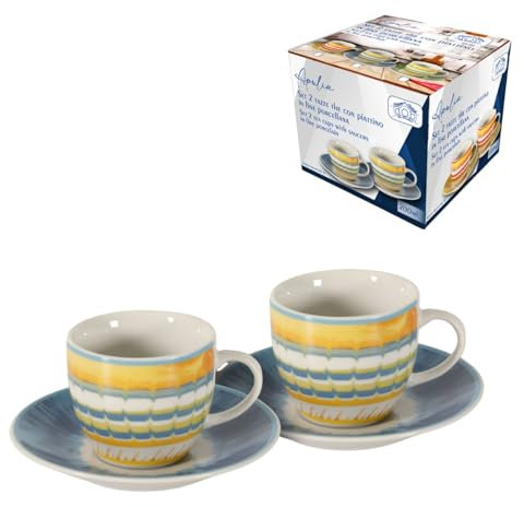 ARCA, Set 2 Tazze Apulia con Piattino, Realizzate in Porcellana Decorata, Capacità 200 ml, 14X6,5 cm, Blu