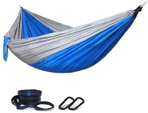 Tragbare leichte Doppel-Camping-Hängematte mit Baumgurten, 210T Nylon, Fallschirm-Hängematten für Reisen und Outdoor-Aktivitäten (grau/blau)
