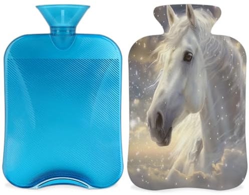 White Horse Hot Water Bottle with Cover, Glow Horse Animal Hot Water Bottle with Cover, 2L Hot Water Bag for Pain Relief, Neck and Shoulder, Hand Feet Warmer
