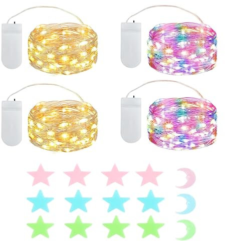 4x20er LED Mini Lichterkette Innen Außen mit Batterie für Party Hochzeit Weihnachten Beleuchtung Deko Geschenk, mit Sterne Fluoreszierende Wandsticker(2.1 metre/6.89 Ft Warmweiß und Mehrfarbig)