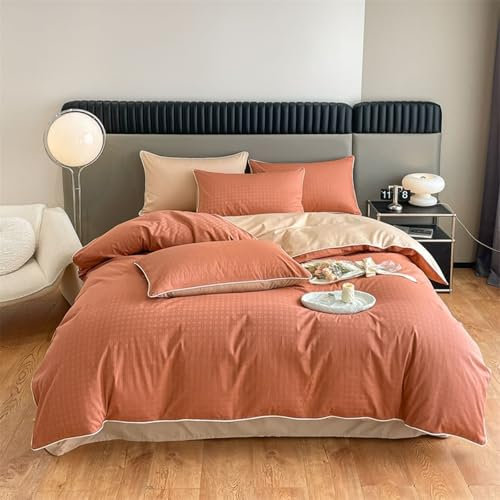 Calefee Bettbezug, Bettlaken mit Kissenbezug 4teilig, Betttuch 245x250 Baumwolle Zweifarbig Orange Khaki