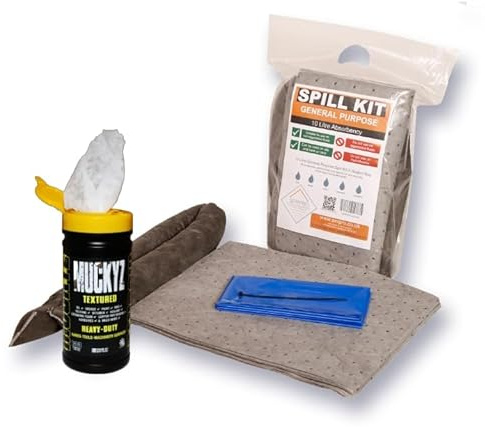 10 Litre General Purpose Compact Spill Kit with Free Tub Muckyz Wipes| with Absorbent Pads, Sock, Gloves, and Disposal Bag – Ideal for Oil, Coolants, Water, and Weak Chemicals
