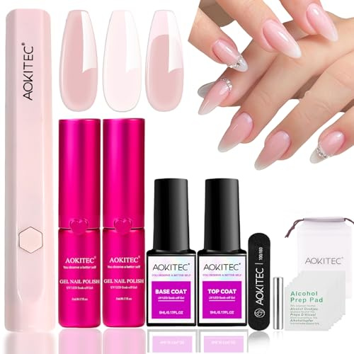 Aokitec Gel Nail Polish Set with UV Lamp: Pink and Light Nudes Gel Polish Set with Handheld Nail Light & Base Top Coat Starter Kit Suitable for Travel All-Seasons Gifts for Manicure Lover French Art