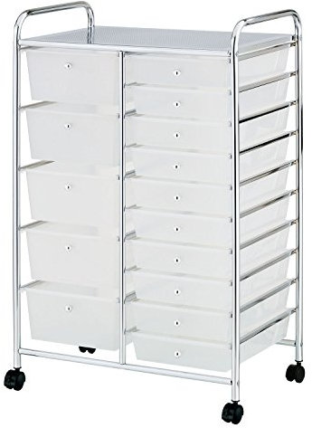 LIVHOME 15 Drawer Storage Trolley with Lockable Wheels, Free Standing Metal Frame Plastic Drawers Unit, Multi-Purpose Rolling Storage Cart for Crafts, Makeup, Office, and Bathroom Organization (White)