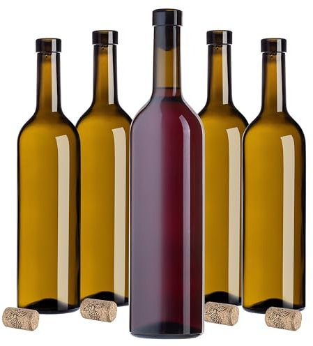 KADAX Lot de 30 bouteilles de vin vides en verre avec bouchons en liège pour vin, liqueurs et spiritueux - 750 ml - Bouteilles de liqueur en verre (olive)