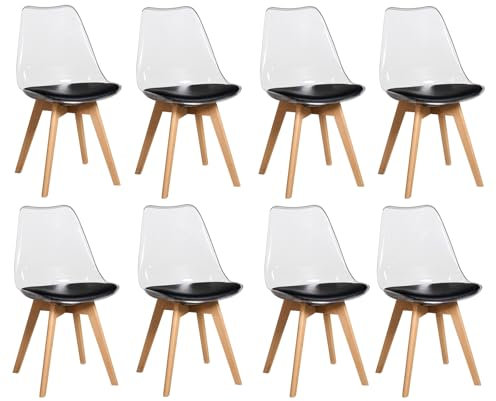 JZGORC Lot de 8 Chaise de Salle à Manger, Chaise de Salle à Manger Rembourrée avec Dossier Transparent, Chaise de Salle à Manger Simple et Moderne, Chaise de Cuisine avec Pieds en Hêtre– Cuir PU Noir
