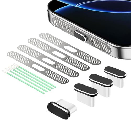 BelleVive 8-Pack USB-C Dust Protection Plugs, Type-C Charging Port Cover, Earphone Speaker Mesh, Dustproof Adhesive Cover, for iPhone 16/iPhone 15, Silver