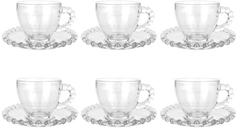 Set 6 Tazzine da tè Cappuccino in Vetro con Piattino Eleganti 210 ML Lavabili in Lavastoviglie Trasparenti Certificate Contatto Alimentare in Elegante Confezione Regalo Ricamate Colazione