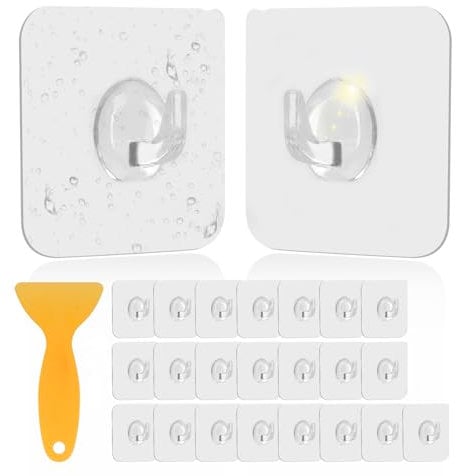 KTPCN 24 ganchos de pared autoadhesivos, ganchos adhesivos extrafuertes, transparentes, sin agujeros, para dormitorio, techo, baño, cocina, con pala