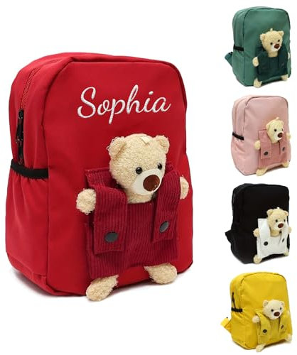 Personalisierte Kindergartenrucksack Kinder mit Gestickt Namen, Bär Kinderrucksack für Mädchen Junge, Kita Rucksack ab 1 Jahr, 27 x 20 x 10 Cm Kleinkind Schulranzen für Kindergarten Schule (Rot)