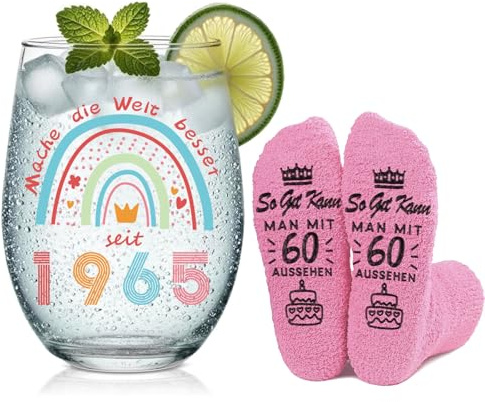 Geschenk 60 Geburtstag Frau 1965 Weinglas mit Gravur und 60. Geburtstagssocken, 1965 Geburtstag Frau Rotweinglas und Socken, Lustige Geschenke zum 60 Geburtstag Frauen für Mutter Oma Schwester (1965)