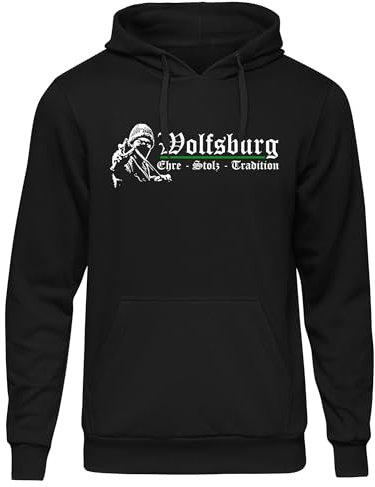 Uglyshirt Wolfsburg Ehre und Stolz Herren Kapuzenpullover | Sport Fanartikel Hoodie Fussball Ultra Skyline Pullover | M1 Schwarz (S)