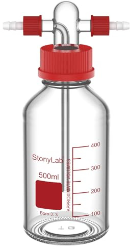 stonylab Gaswaschflasche aus Borosilikatglas mit GL45 Schraubverschluss, PP-Kappe und PTFE-Hülse, 8 mm Schlauchanschluss für Laborlagerung und Dosierung, 500 ml