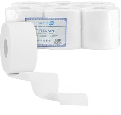 SIMPLETEK - 12 x Rolls of Toilet Paper Handwash 609 Tears 2 Ply Compatible with Jumbo Dispenser for Bathroom Office Industrial Workshop Professional