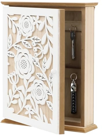 Domigard Armoire à clés en bois avec design rétro creux et 6 crochets à clés - Organiseur mural pour entrée, couloir, bureau - 20 x 6 x 26 cm - Porte-clés L - Blanc (rose)