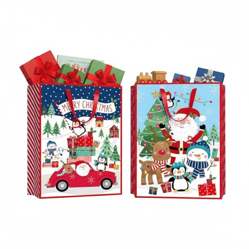 2 reusable jumbo christmas bags - large woven xmas tote for gifts - reusable festive shopping bag - cute santa and friends design - 49cm x 18cm x 69cm - christmas sack