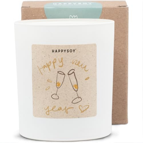 HAPPYSOY Happy New Year, Sojawachs Duftkerze, wundervoller Duft, über 60 h Brenndauer, weiß mattes Glas, gentechnikfrei, Geschenkidee zu Neujahr für Freundin