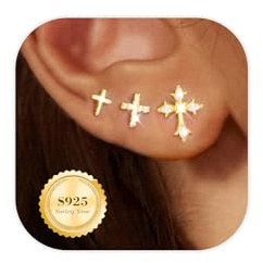 3 Pairs Clover Earrings Sterling Silver Earring for Women and Girls,Cross Stud Earring,S925 Flour Leaf Flower Studs Jewellery
