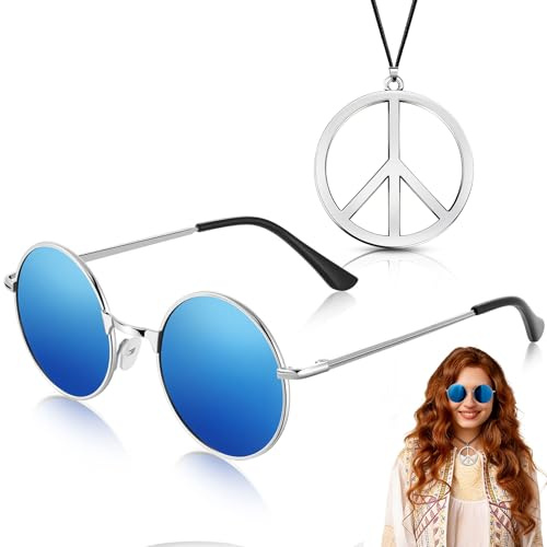 Hippie Kostüm Accessoires für Damen und Herren, Peace Zeichen Halskette Hippie Brille, Friedenszeichen Halskette, Retro Runde Sonnenbrille, Hippie Kostüm Zubehör für Karneval Halloween Party