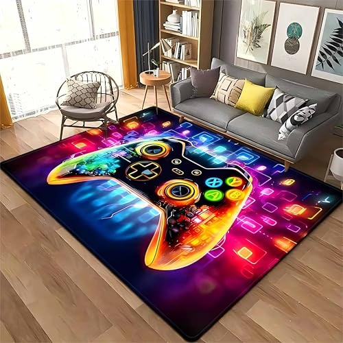 USHIRUG Gaming Teppich, 60x110cm, 3D Gamer Design Mit Buntem Controller, Abstraktes Geometrisches Muster, Waschbar, rutschfest Teppiche für Jungenzimmer und Spielzimmer, Wohnzimmer und Spielzimmer