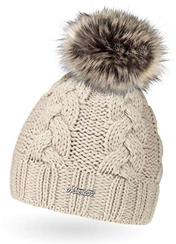 Neverless Damen Strick-Mütze gefüttert mit Kunstfell-Bommel, Winter-Mütze, Bommelmütze, hell-beige Unisize