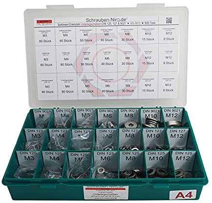 Sortiment Edelstahl A4 Unterlegscheiben DIN 9021/125 / 127 Durchmesser M3 bis M12 909 Teile Material VA V4A