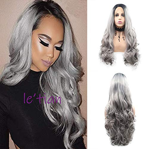 Perruque synthétique de rechange pour femme - 61 cm - Gris naturel - Ondulé - Résistante aux oreilles - Avec dentelle frontale - Racines foncées - Sans colle