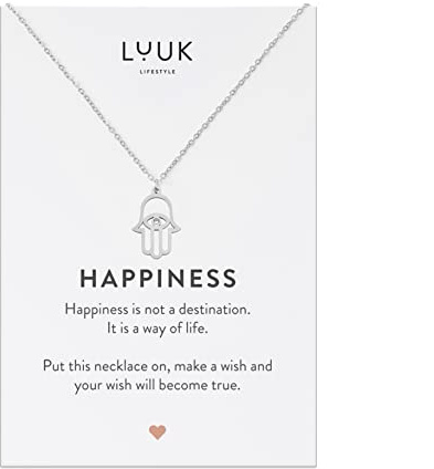 LUUK LIFESTYLE Collier avec Différent Pendentif en Acier Inoxydable, 50cm | Carte Cadeau HAPPINESS, Porte Bonheur, Imperméable, Hypoallergénique, Carte HAPPINESS, Chaîne Réglable, Argent, Or, Rose